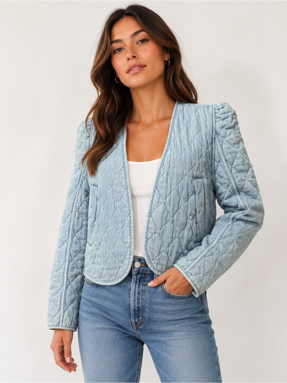 BLANKNYC Quilted Jacket Womens Small Light Blue Puff Sleeve Open Front NWT Small